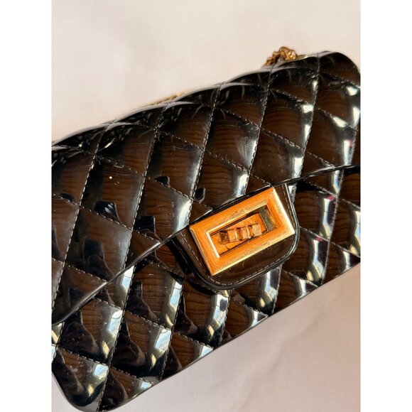 Black Quilted Jelly Chain Crossbody Bag With Gold-Tone Turn Lock & Strap - Picture 6 of 9